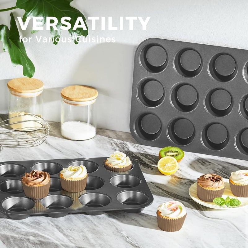 HONGBAKE Muffin Pan with 500 Cupcake Liners, Nonstick Cup Cake Tin for Baking,Premium 12 Cup Cheesecake Trays - Dark Grey - Image 5