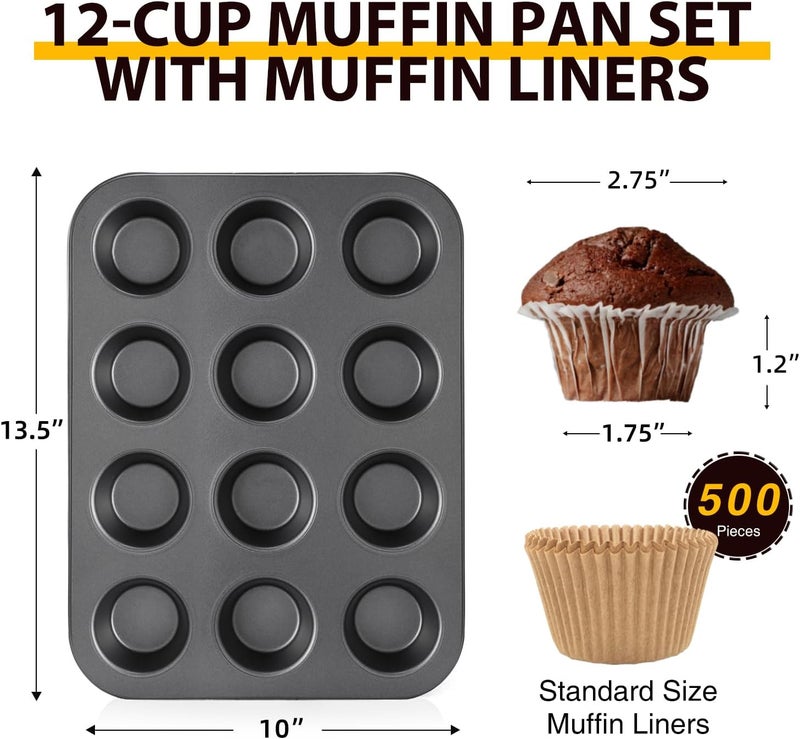 HONGBAKE Muffin Pan with 500 Cupcake Liners, Nonstick Cup Cake Tin for Baking,Premium 12 Cup Cheesecake Trays - Dark Grey - Image 3