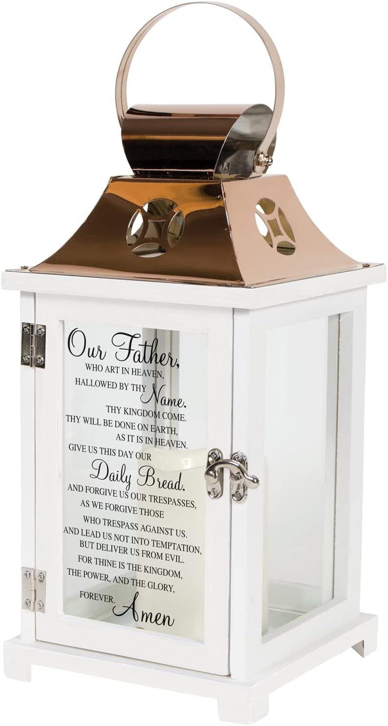 Carson Home Accents Indoor Outdoor Our Father Memorial Sympathy Copper Candle Lantern for Loss of Loved One with Automatic 6 Hour Timer and Calligraphy - Image 1