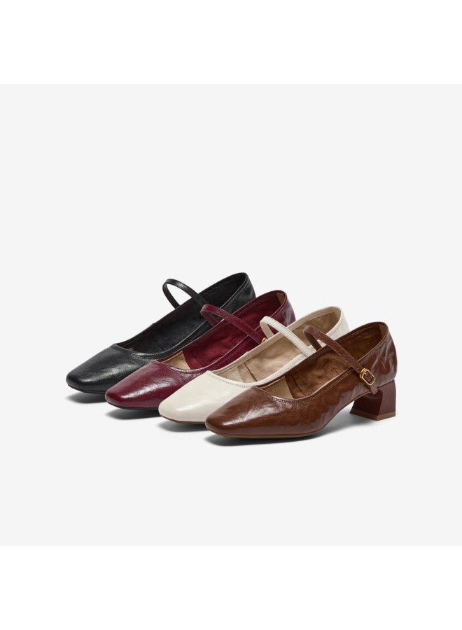 Bata Sheepskin Mary Jane Shallow Women's Spring Retro Elegant Flats 7091aaq5 36 Brown - High Heel - Image 5