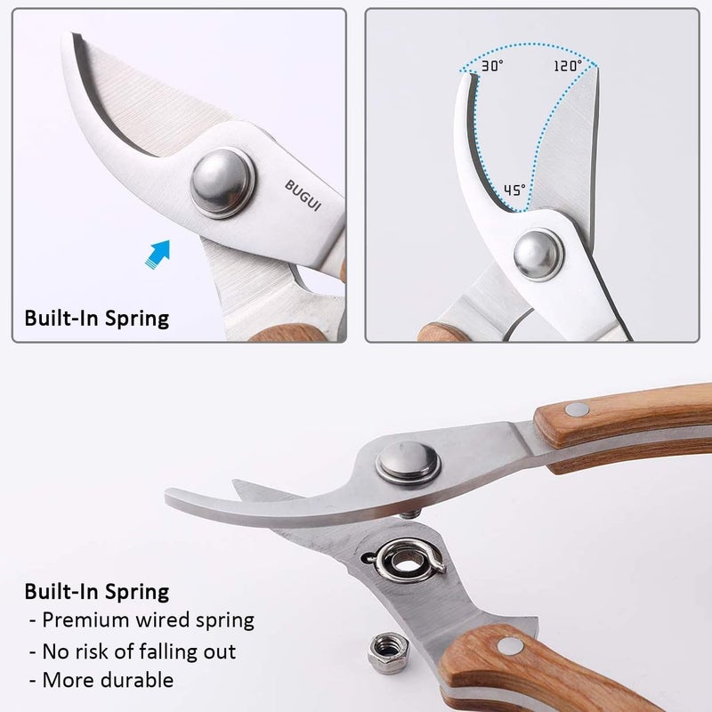 BUGUI Wood Handle Pruning Shears, SK-5 Steel Blade, 1-inch Cutting Capacity, Sharp, Well Designed Garden Shears, 8" - Image 3