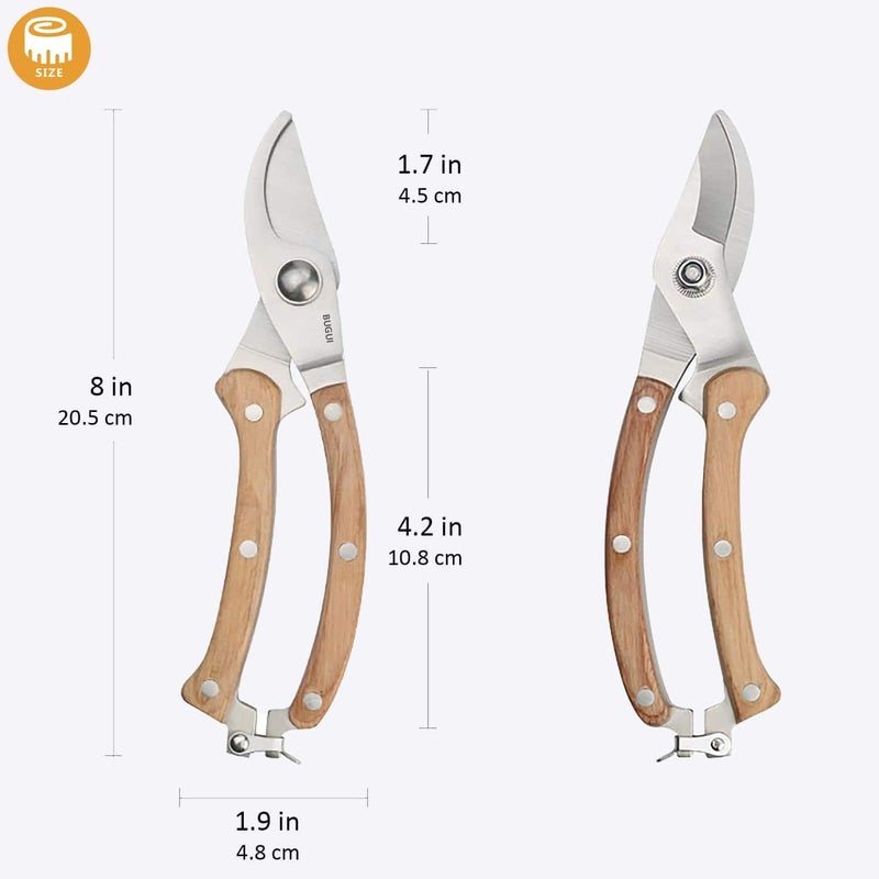 BUGUI Wood Handle Pruning Shears, SK-5 Steel Blade, 1-inch Cutting Capacity, Sharp, Well Designed Garden Shears, 8" - Image 2