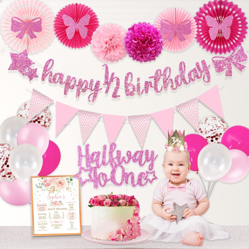 Hombae Half Birthday Decorations Baby Girl Hombae 12 Birthday Decorations Supplies 6 Months Birthday Decorations Pink Rose Gold Glitter Half Birthday Banner with Triangle Flag Banner 12 Birthday Hat - Image 2