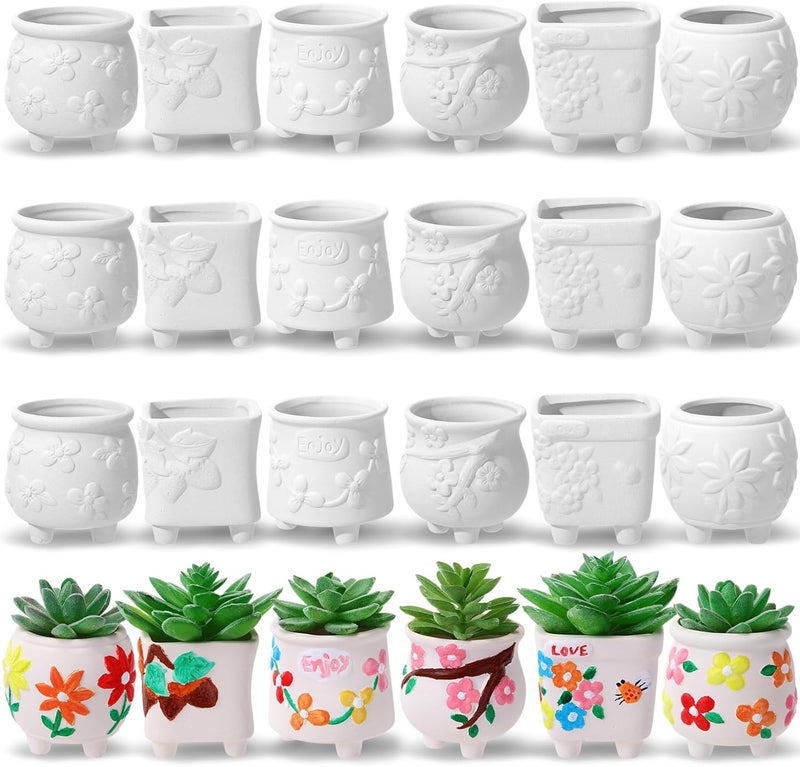 Leitee مجموعة ليتي 18 قطعة لطلاء أصيص السيراميك الخاص بك - أصص سيراميك للطلاء لأصص النباتات العصارية الصغيرة البيضاء الجاهزة للطلاء - أدوات طلاء السيراميك للبالغين مع زهور جميلة - Image 1