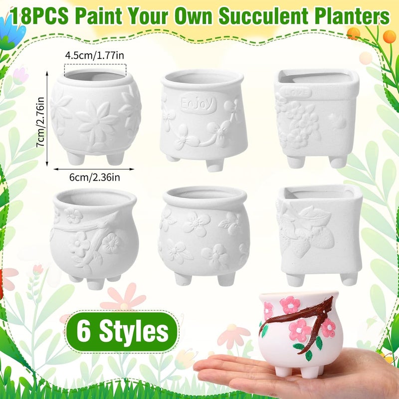 Leitee مجموعة ليتي 18 قطعة لطلاء أصيص السيراميك الخاص بك - أصص سيراميك للطلاء لأصص النباتات العصارية الصغيرة البيضاء الجاهزة للطلاء - أدوات طلاء السيراميك للبالغين مع زهور جميلة - Image 2