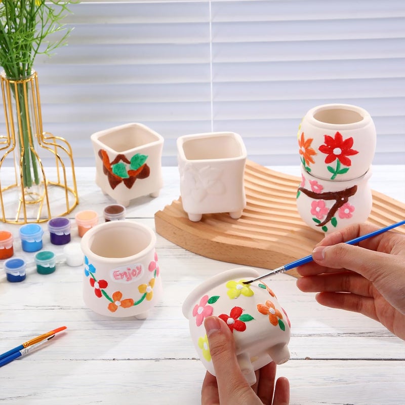 Leitee مجموعة ليتي 18 قطعة لطلاء أصيص السيراميك الخاص بك - أصص سيراميك للطلاء لأصص النباتات العصارية الصغيرة البيضاء الجاهزة للطلاء - أدوات طلاء السيراميك للبالغين مع زهور جميلة - Image 3