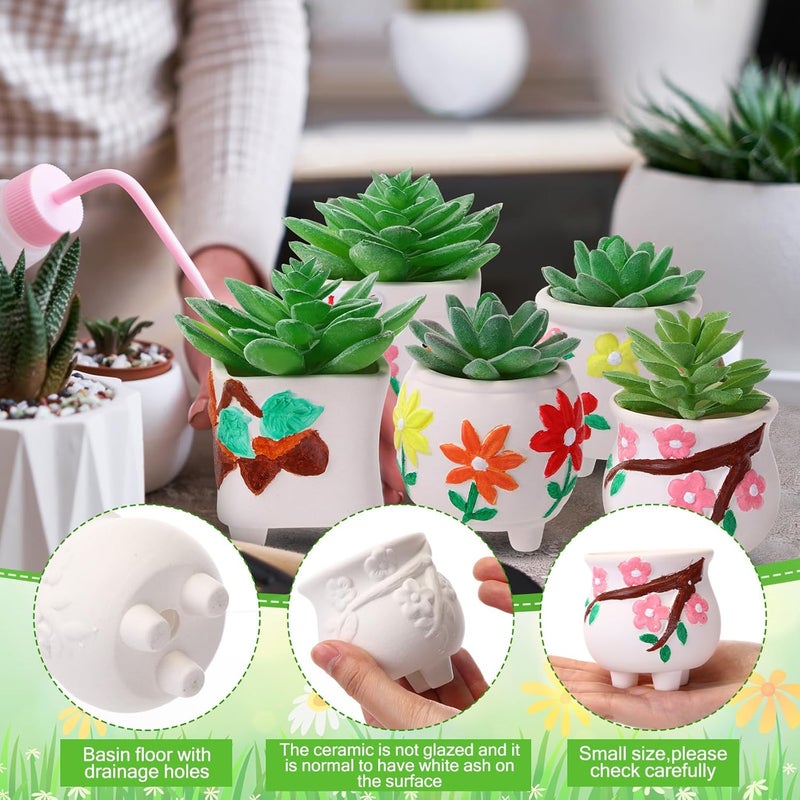 Leitee مجموعة ليتي 18 قطعة لطلاء أصيص السيراميك الخاص بك - أصص سيراميك للطلاء لأصص النباتات العصارية الصغيرة البيضاء الجاهزة للطلاء - أدوات طلاء السيراميك للبالغين مع زهور جميلة - Image 5