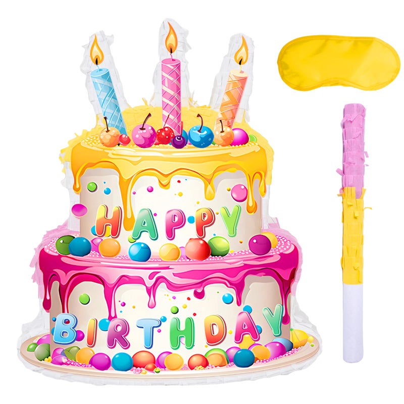 JOARHONAL Birthday Cake Pinata Happy Birthday Pinata with Blindfold and Bat Happy Birthday Party Games Decorations Small Size 157x13x3 - Image 3