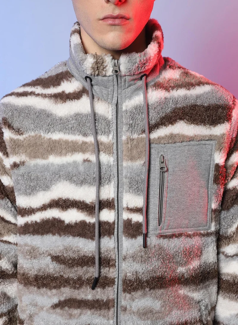Campus Sutra  Men's Light Grey & Chocolate Brown Camouflage Sherpa Puffer Jacket for Men | Best Price UAE