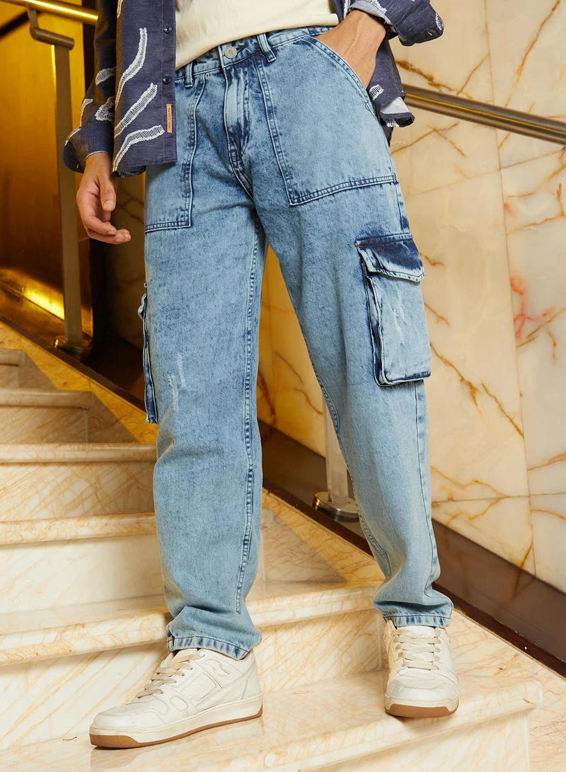 كامبوس سوترا Men's Indigo Blue Acid-Wash Carpenter Denim Jeans