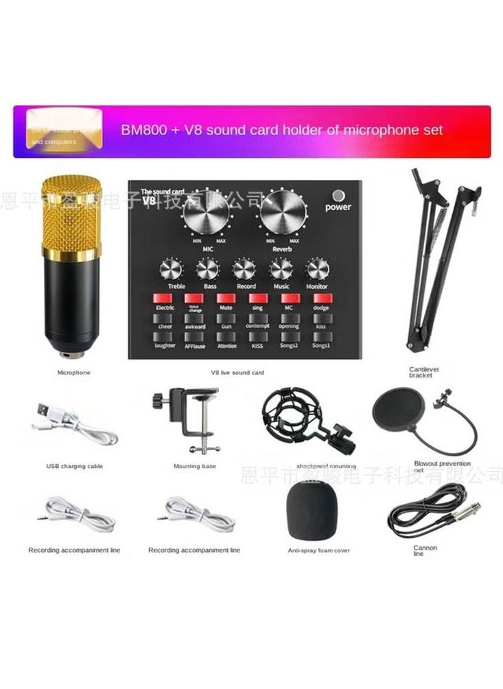 LIXES BM800 condenser microphone V8 sound card bracket anti-spray net set live recording karaoke foreign trade spot supply All plastic BM800 V8 set (English version) 