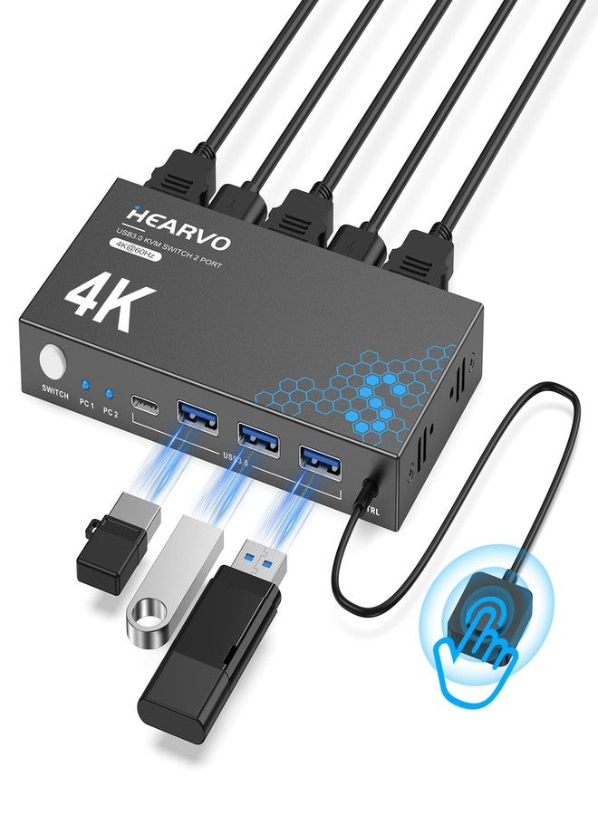 مفتاح KVM USB 3.0 HDMI يدعم شاشة واحدة وجهازَي كمبيوتر بدقة 4K@60Hz، يتيح مشاركة الشاشة ولوحة المفاتيح والماوس والأقراص الصلبة والطابعة، مع محول EDID وكابلَي USB وبرنامج تشغيل. - Image 1
