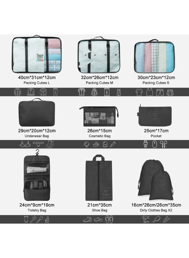 مجموعة منظمات سفر 11 قطعة – صناديق للأمتعة، حقائب أحذية، حافظات مستلزمات الحمام، تخزين الملابس والملابس الداخلية بدون تجاعيد – أسود - Image 2