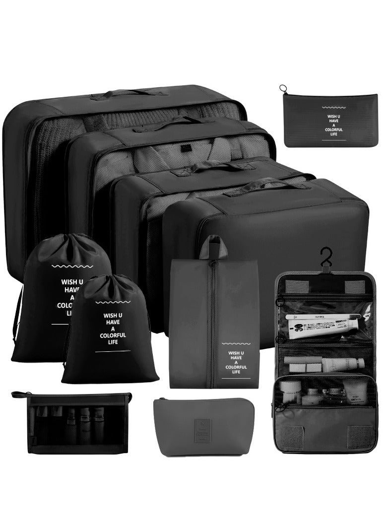 مجموعة منظمات سفر 11 قطعة – صناديق للأمتعة، حقائب أحذية، حافظات مستلزمات الحمام، تخزين الملابس والملابس الداخلية بدون تجاعيد – أسود - Image 1
