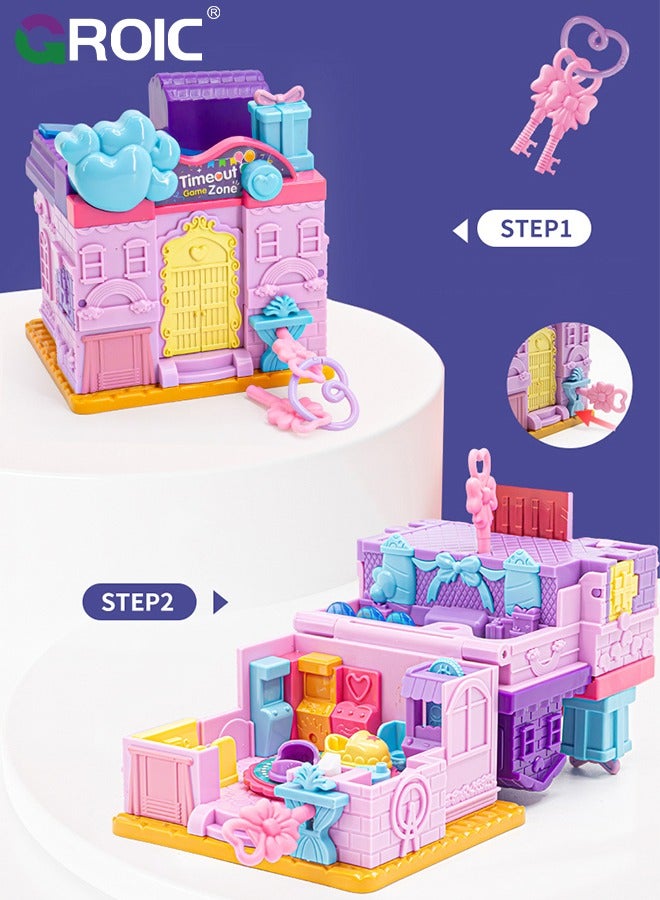 GROIC Princess Castle Doll House, Treasure Box Dollhouse with 2 Figures, 2 keys, Toddler Play Princess Magic Lights and Dancing Castle Musical Toy Dream Dollhouse Furniture, Pink Toys for Girls  - Image 3
