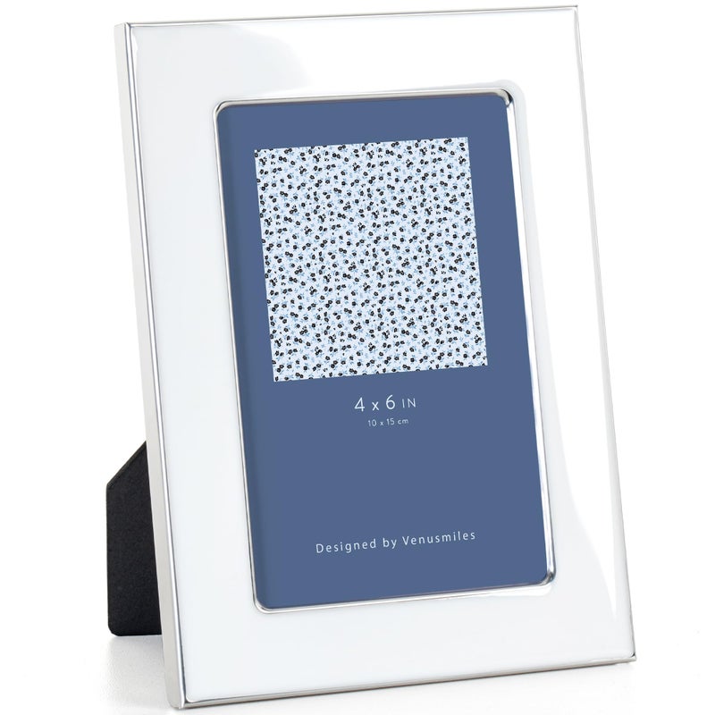 Venusmiles 4x6 Enamel Picture Frame  Silver Metal Edge with Easel  Real Glass Photo Frame for Wall and Tabletop Display Family Office Photo Gallery  White Enamel/1pc - Image 1