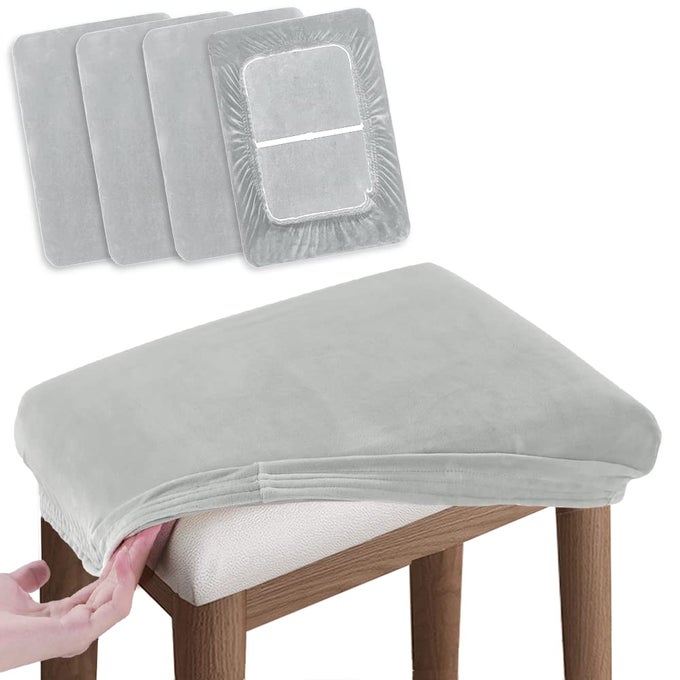 VANITY STOOL COVERS SET OF 4 SUPER SOFT VELVET STRETCH WASHABLE SADDLE BAR STOOL SLIPCOVER BENCH SEAT PROTECTOR RECTANGLE LIGHT GREY 4 COUNTS