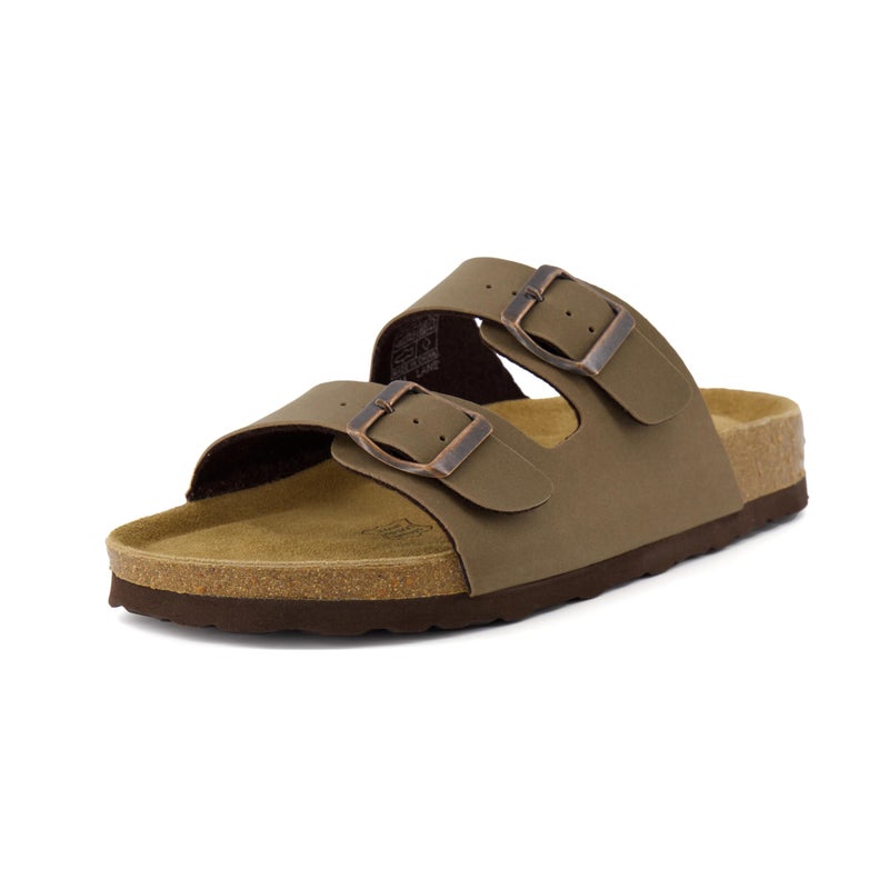 CUSHIONAIRE CUSHIONAIRE Lane Cork Footbed Sandals for Women – Comfortable Double Buckle Slip-On with Genuine Suede Footbed & Arch Support Slides for Women Footwear, BROWN 8.5 - Image 1
