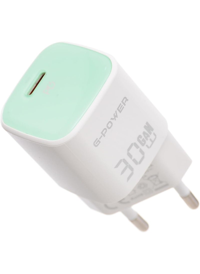 جي باور شاحن سريع G-Power GP-C29 بقوة 30 واط بمنفذ USB-C واحد، متوافق مع أجهزة iPhone 14/14 Plus/14 Pro/14 Pro Max/13، وGalaxy، وPixel 4/3، وiPad - أبيض/أخضر - Image 1