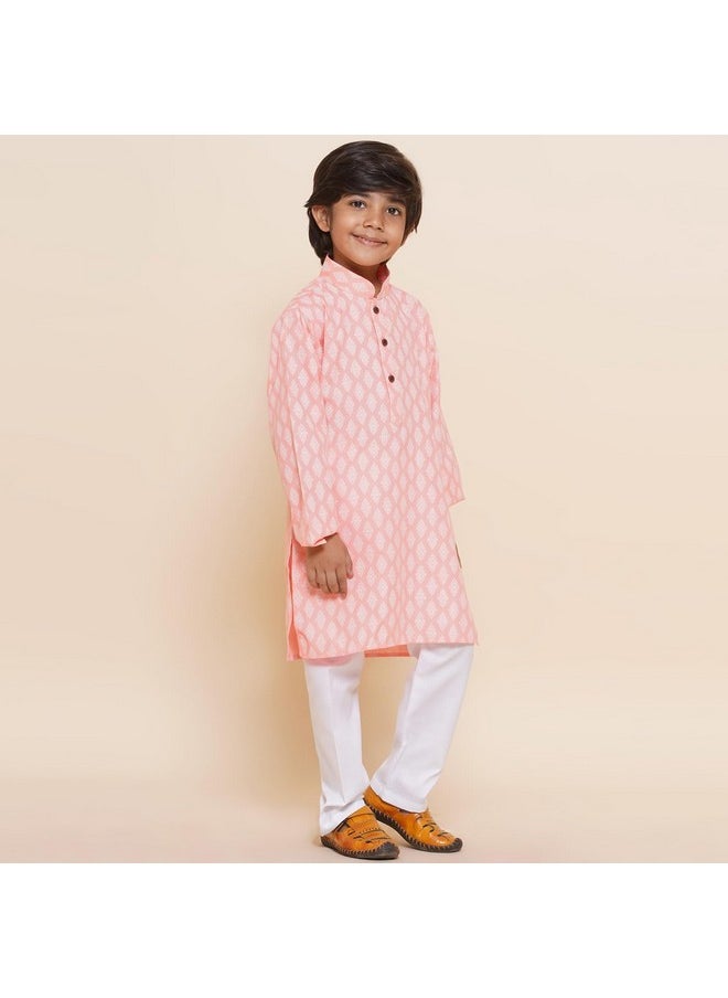 AJ Dezines - AJ DEZINES Kids Ethnic Wear Cotton Printed Pink Kurta Pyjama Set For Boys (Twister-K-3047-PINK-6) - Image 1