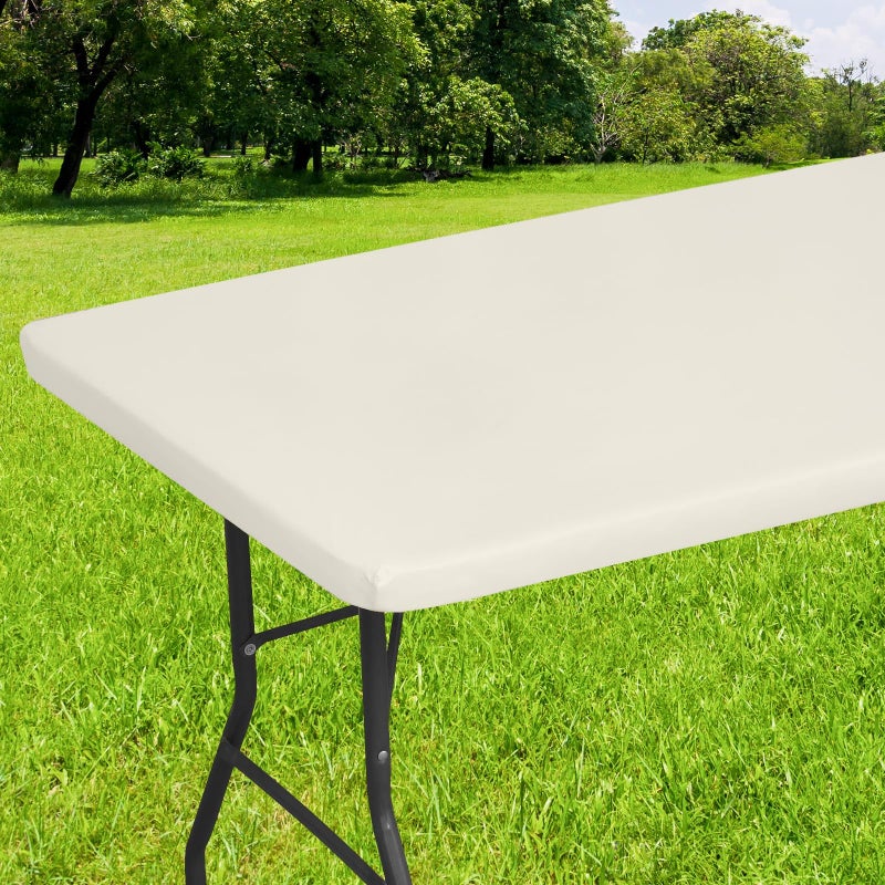 Smiry Rectangle Tablecloth Elastic Fitted Flannel Backed Vinyl Tablecloths for 6ft Folding Tables Waterproof Wipeable Table Covers for Indoor Outdoor Picnic and Camping Beige 30x72