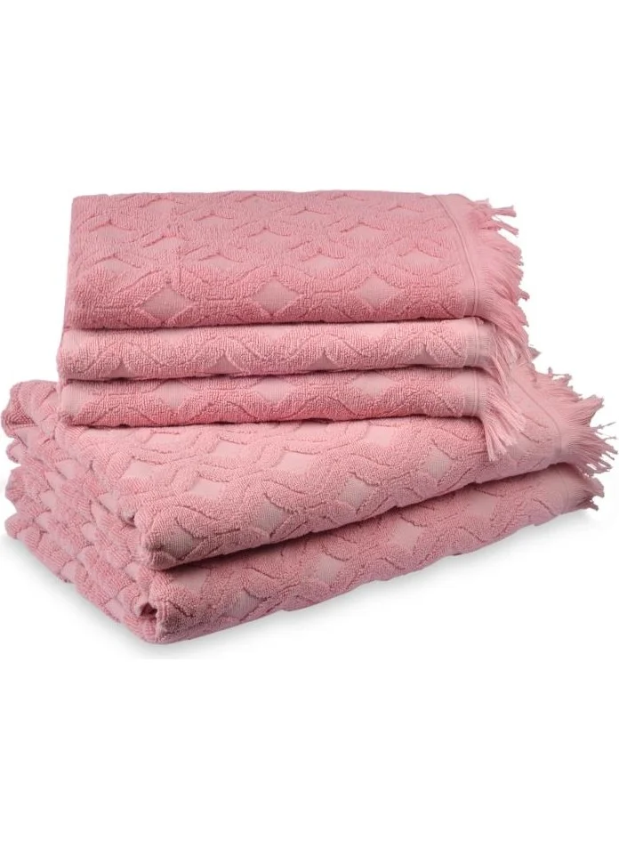 Fialka Jacquard Fringed Cotton Hand and Boy Towel Set Wavy Dark Pink