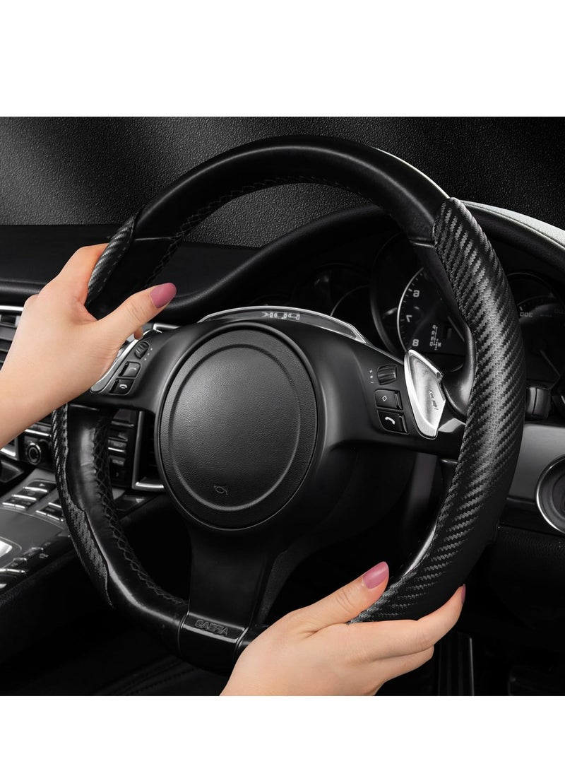 Loquat 1t2pcs Black Car Steering Wheel Cover Carbon Fiber for Men Women, Segmented Wheel Protector Non-Slip Sporty Car Accessories - Image 2