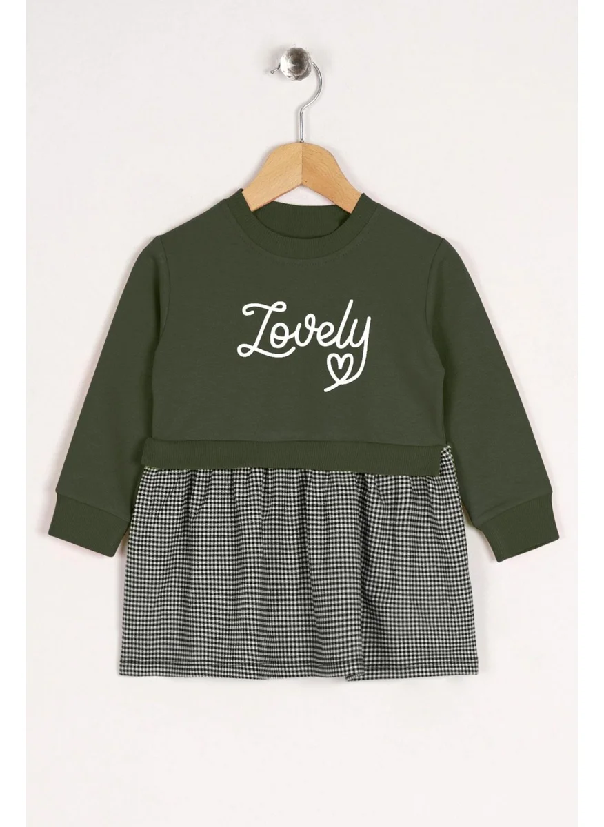 Zepkids Crew Neck Long Sleeve Lovely Printed Skirt Plaid Khaki Color Girl Dress
