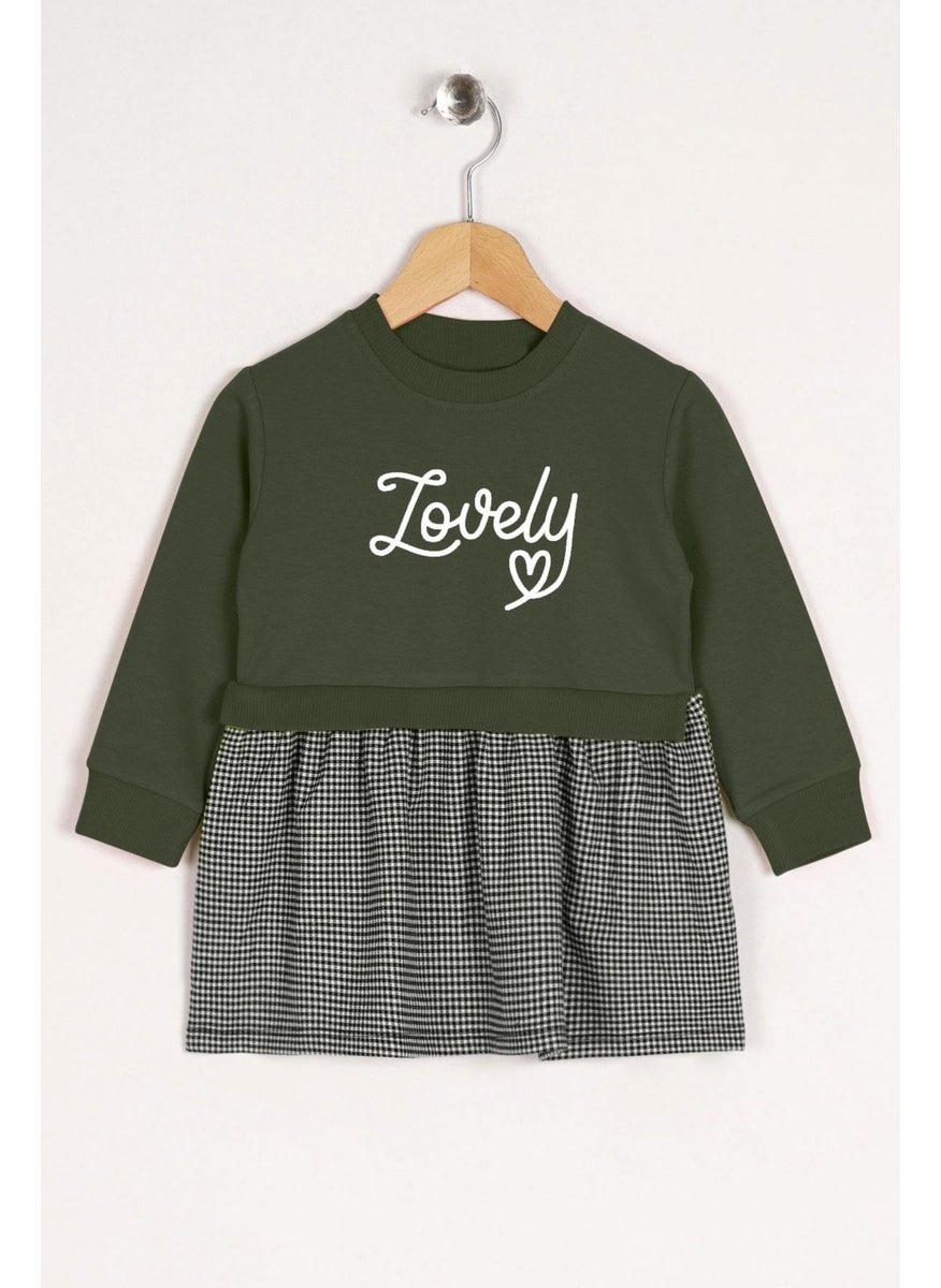 Zepkids - Crew Neck Long Sleeve Lovely Printed Skirt Plaid Khaki Color Girl Dress - Image 1