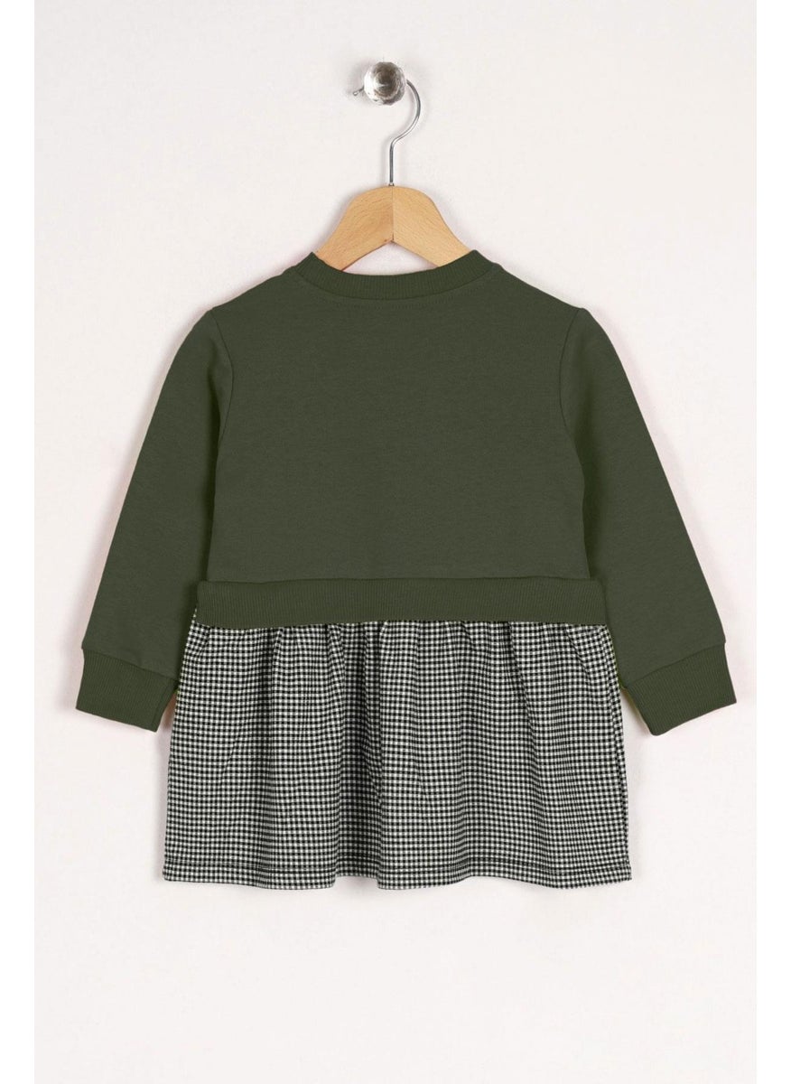 Zepkids - Crew Neck Long Sleeve Lovely Printed Skirt Plaid Khaki Color Girl Dress - Image 1