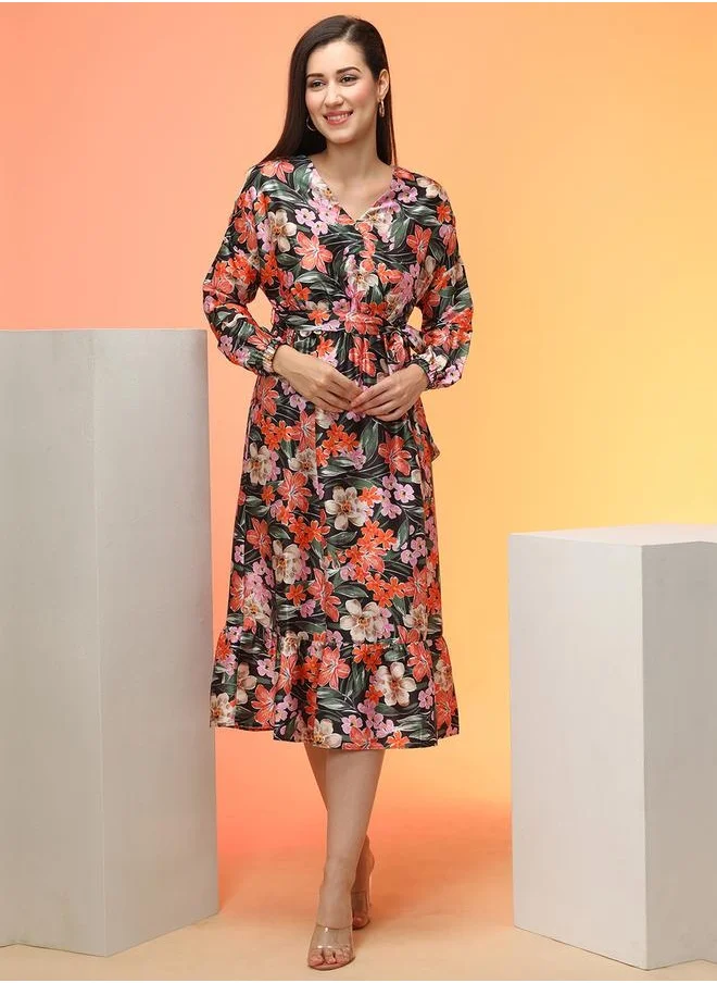 جلو باص Globus Women Multi Black Tropical Print Wrap Neck Gathered Fit & Flare Midi Workwear Dress With Belt by Styli