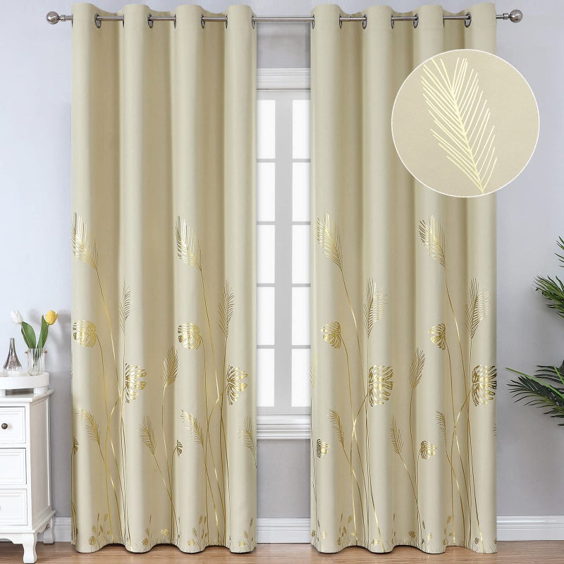 Estelar Textiler Beige Blackout Curtains 84 Inches Long Room Darkening Curtains for Bedroom Thermal Insulated Drapes with Foil Print Palm Leaf Pattern for Living Room 52Wx84L 2 Panels