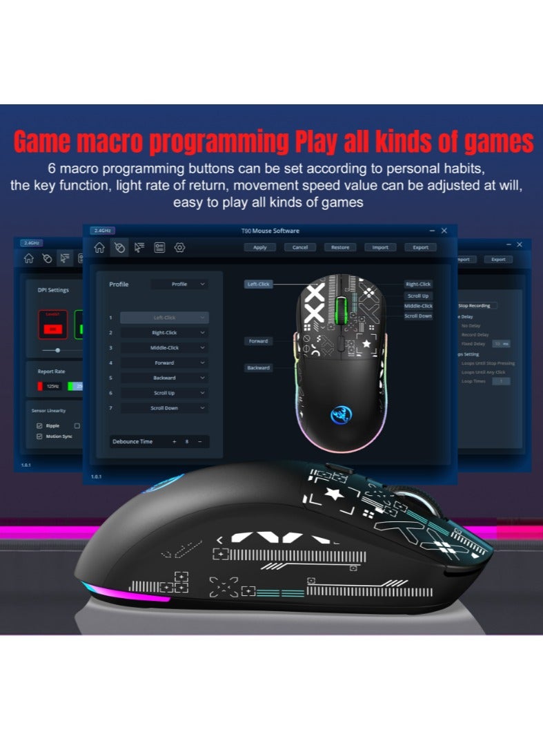 HXSJ T90 Wireless Gaming Mouse – Tri-Mode (Wired, 2.4GHz, BT5.3) – 3600 DPI Adjustable – 650mAh Rechargeable Battery – RGB Lighting (6 Modes) – Ultra-Light – Silent Switches – Type-C Fast Charging – - Image 5