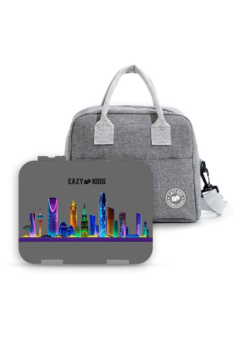 Eazy Kids Bento Boxes With Insulated Lunch Bag Combo- Love Riyadh Grey - Image 1