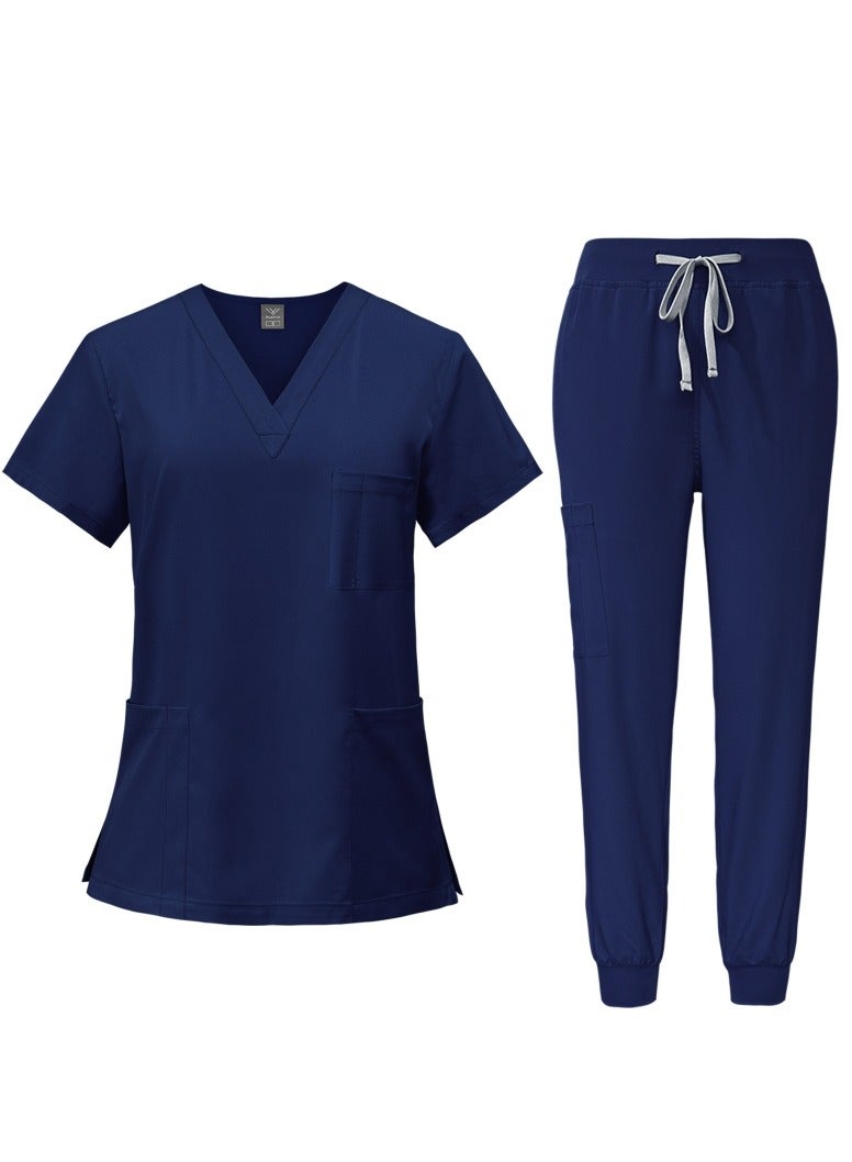 NIBEMINENT Medical Uniform Unisex Scrubs Set Medical Scrubs 2 Piece Set Top and Pants Suit Navy Blue