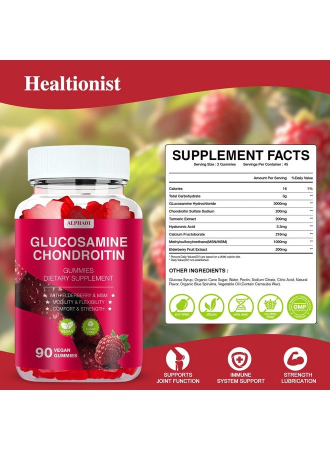 ALPHA01 Glucosamine Chondroitin Gummies - 3000MG Extra Strength Joint Support Supplement with MSM & Elderberry, Flexibility, Antioxidant Immune Support Gummy for Adults, Men & Women - 90 Raspberry Gummies - Image 2