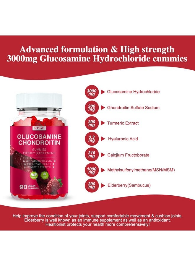 ALPHA01 Glucosamine Chondroitin Gummies - 3000MG Extra Strength Joint Support Supplement with MSM & Elderberry, Flexibility, Antioxidant Immune Support Gummy for Adults, Men & Women - 90 Raspberry Gummies - Image 3