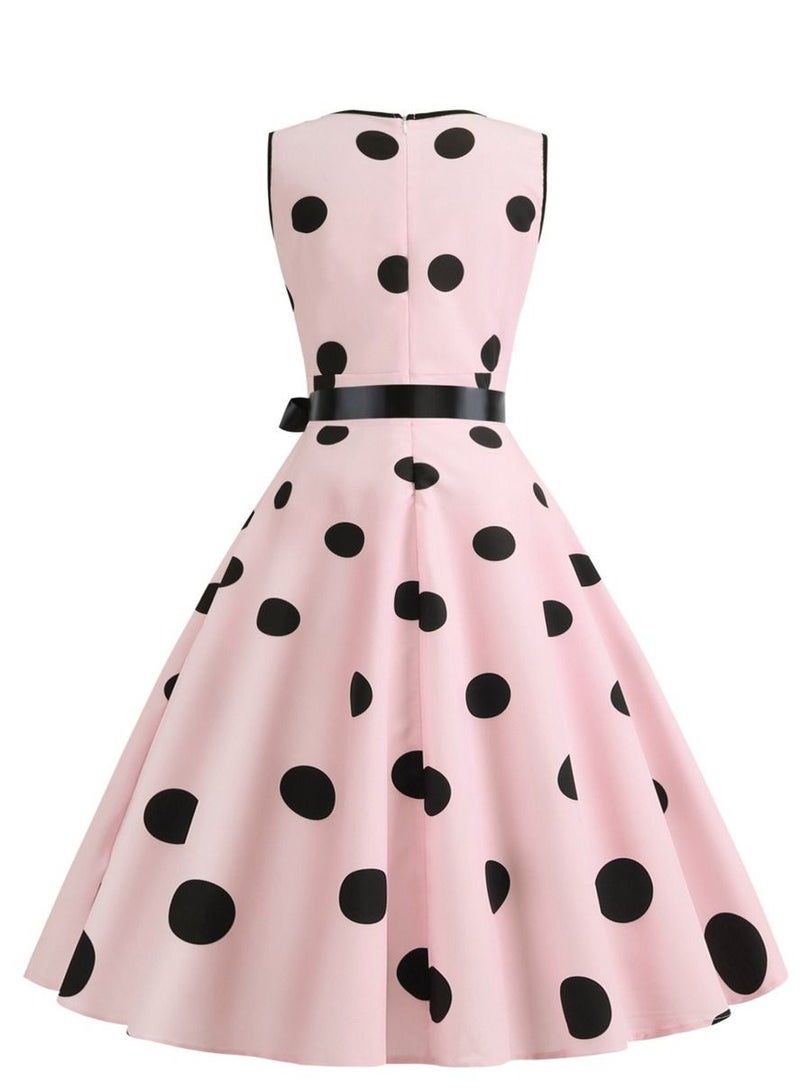 Loquat V-neck Sleeveless Polka Dot Lace Up Waist Retro Large Swing Dress Pink  - Image 1
