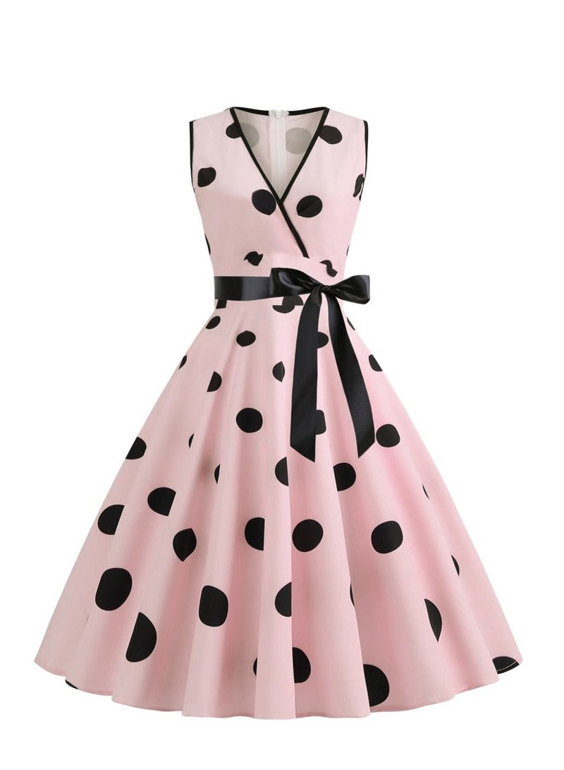 Loquat V-neck Sleeveless Polka Dot Lace Up Waist Retro Large Swing Dress Pink  - Image 2