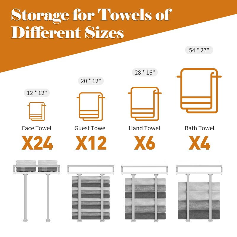 Xstydes Towel Rack Wall Mounted, Xstydes Metal Towel Holder with Wooden Shelf for Folding Large Towels, Towel Storage for Small Bathroom Organizer Decor or RV Camping, Silver - Image 5