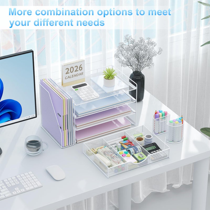 gianotter Desk Organizers and Accessories with File Holder, 4-Tier Desk Accessories & Workspace Organizers with Drawer and 2 Pen Holder, Paper Organizer for Office Supplies (White) - Image 3
