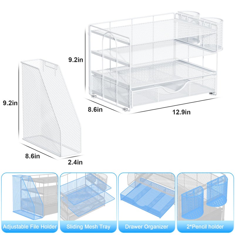gianotter Desk Organizers and Accessories with File Holder, 4-Tier Desk Accessories & Workspace Organizers with Drawer and 2 Pen Holder, Paper Organizer for Office Supplies (White) - Image 5