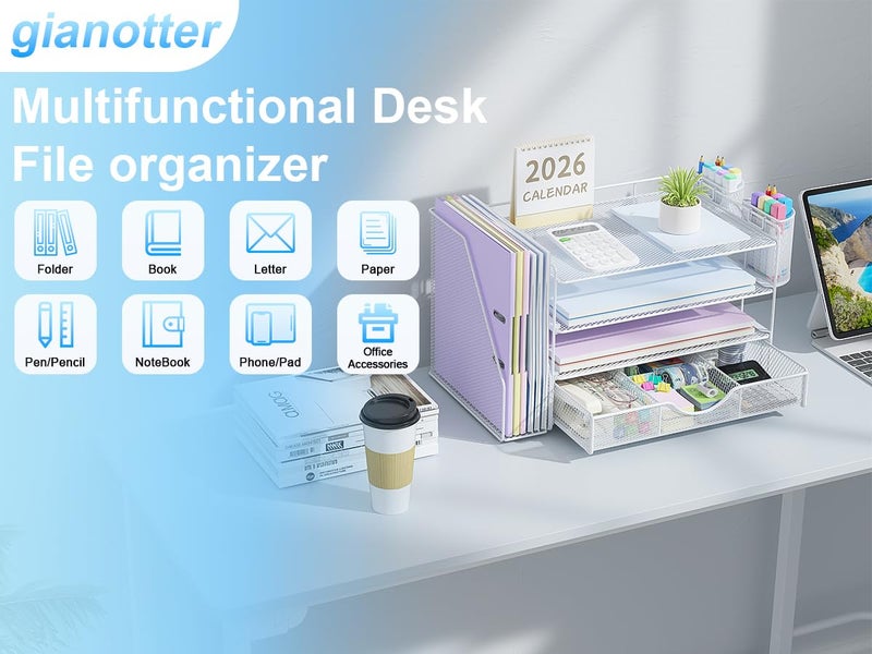 gianotter Desk Organizers and Accessories with File Holder, 4-Tier Desk Accessories & Workspace Organizers with Drawer and 2 Pen Holder, Paper Organizer for Office Supplies (White) - Image 4