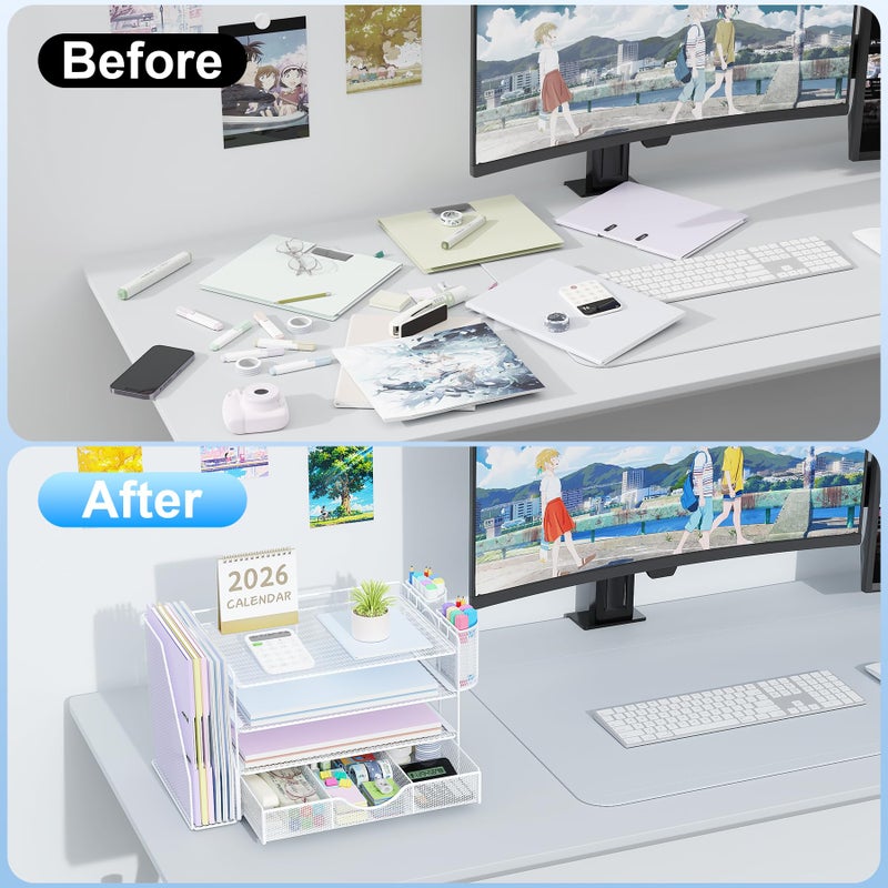 gianotter Desk Organizers and Accessories with File Holder, 4-Tier Desk Accessories & Workspace Organizers with Drawer and 2 Pen Holder, Paper Organizer for Office Supplies (White) - Image 2