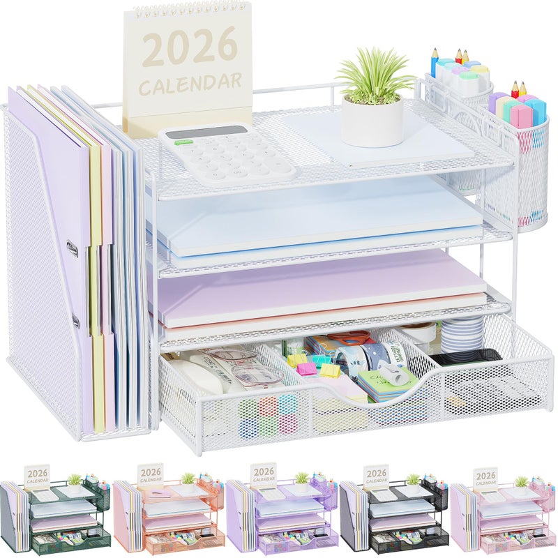 gianotter Desk Organizers and Accessories with File Holder, 4-Tier Desk Accessories & Workspace Organizers with Drawer and 2 Pen Holder, Paper Organizer for Office Supplies (White) - Image 1