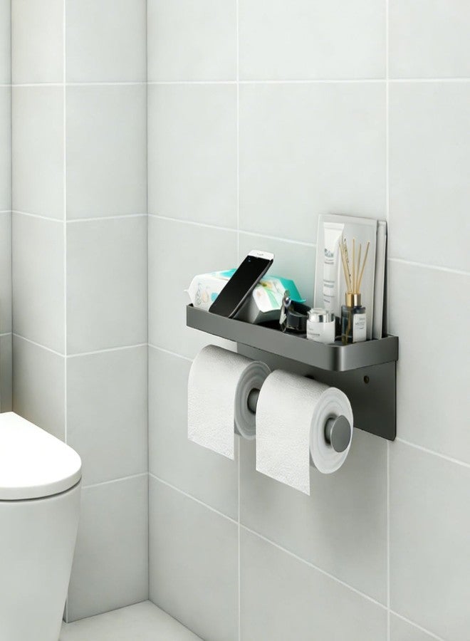 PEFWO Double Toilet Paper Holder with Shelf, Wall Mount Tissue Roll Holder, Double Tissue Paper Holder for Bathroom/Kitchen (Grey) - Image 5