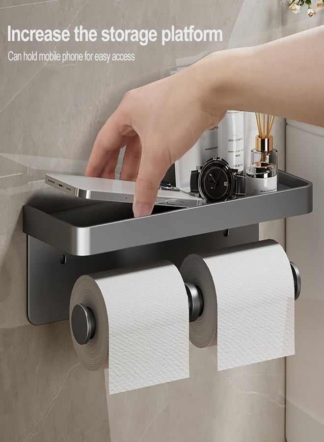 PEFWO Double Toilet Paper Holder with Shelf, Wall Mount Tissue Roll Holder, Double Tissue Paper Holder for Bathroom/Kitchen (Grey) - Image 2