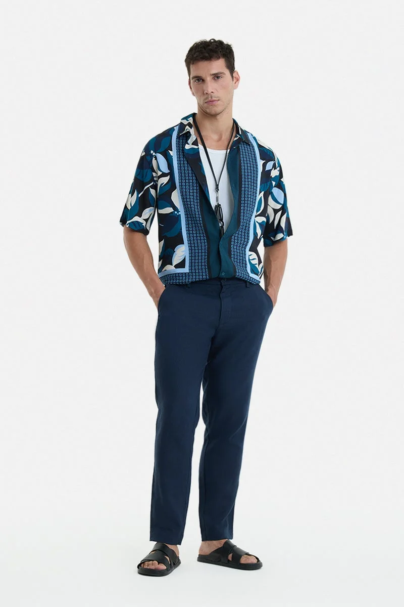 سنيتش Navy Blue Tropical Half Sleeve Oversized Vacation Shirt