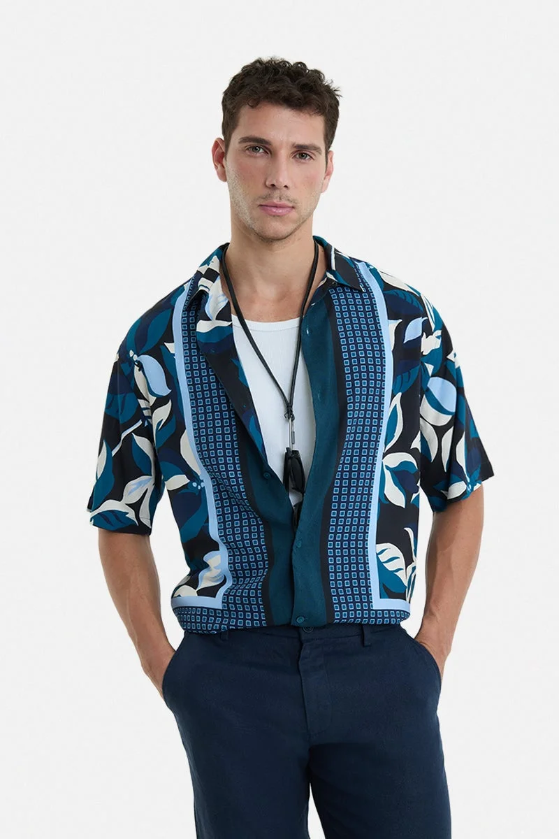 سنيتش Navy Blue Tropical Half Sleeve Oversized Vacation Shirt