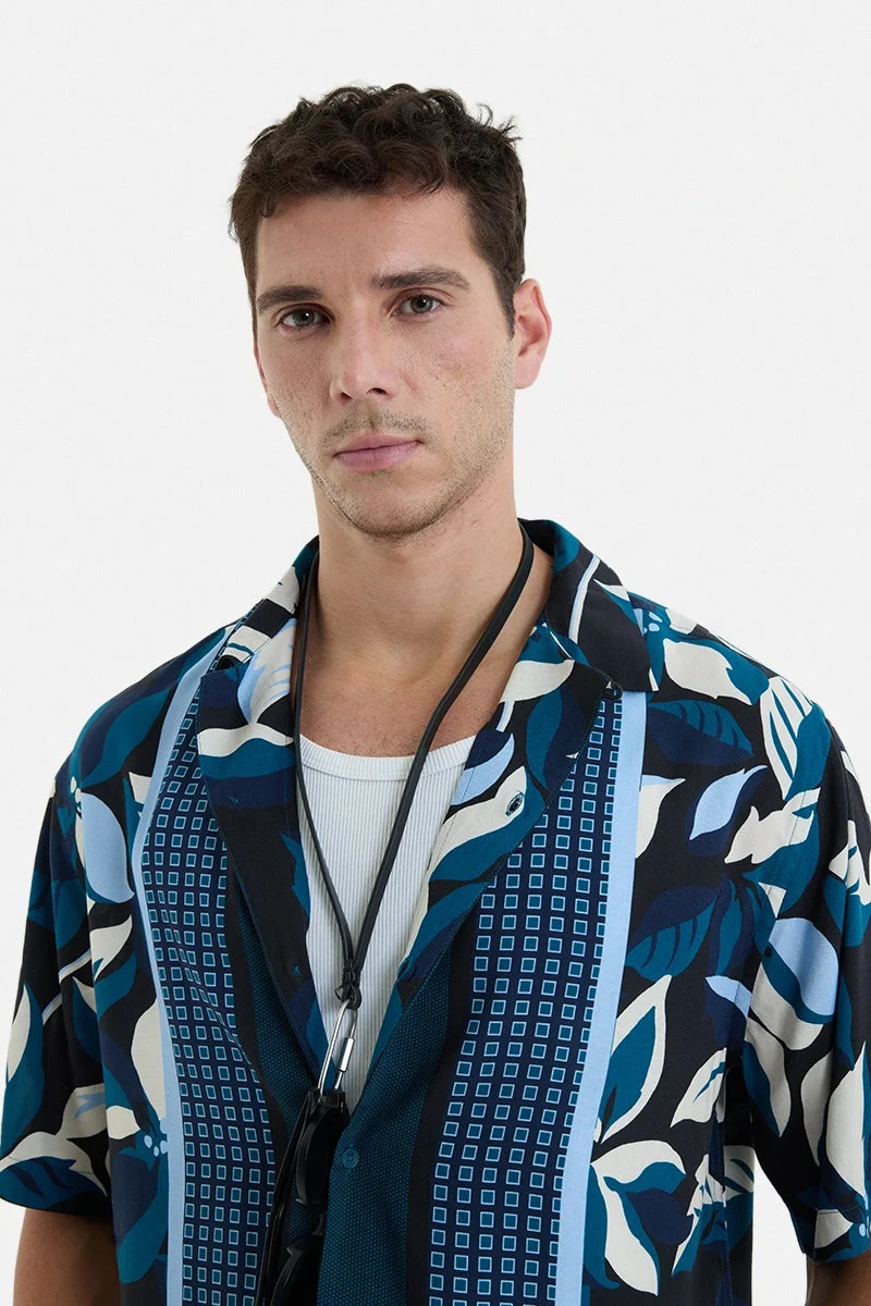 سنيتش Navy Blue Tropical Half Sleeve Oversized Vacation Shirt